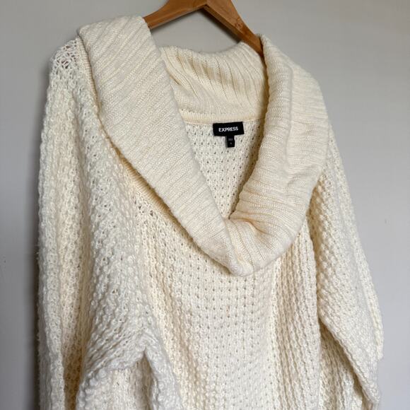 Express Women Sweater XL Ivory Cowl Neck Chunky Knit Boxy Winter Capsule Minimal - Picture 3 of 7